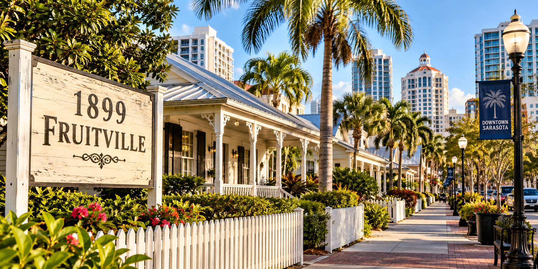 Historic cottages at 1899 Fruitville with the downtown Sarasota skyline in the background