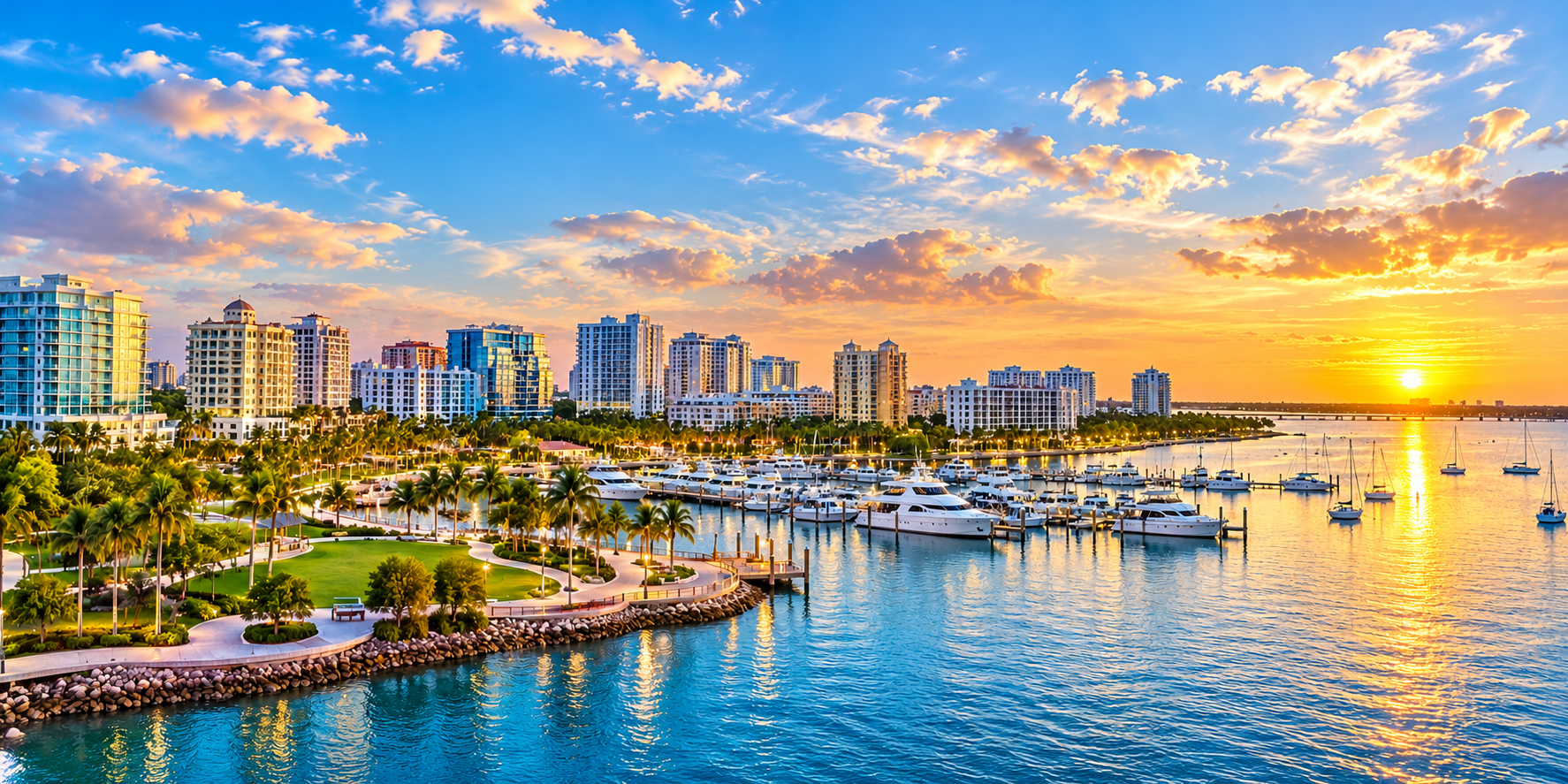 Illustrative depiction of Downtown Sarasota, Florida, featuring a waterfront skyline, marina, palm-lined park, and Sarasota Bay at sunset.