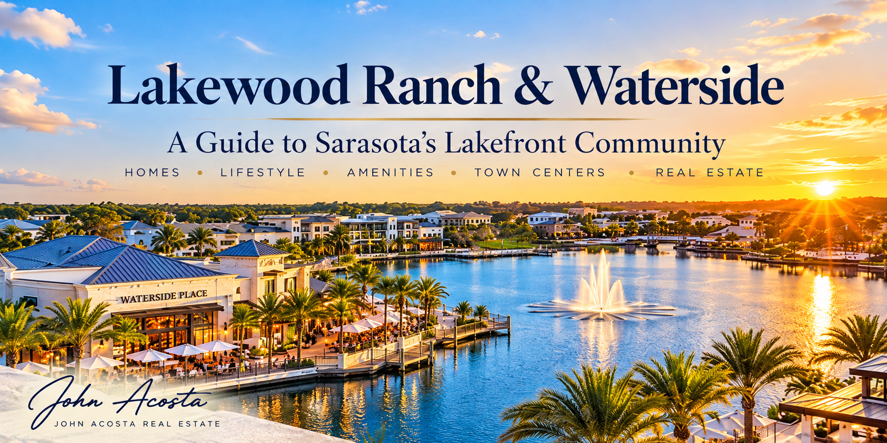 Lakewood Ranch and Waterside lakefront community in Sarasota, Florida, featuring Waterside Place, palm trees and waterfront scenery.