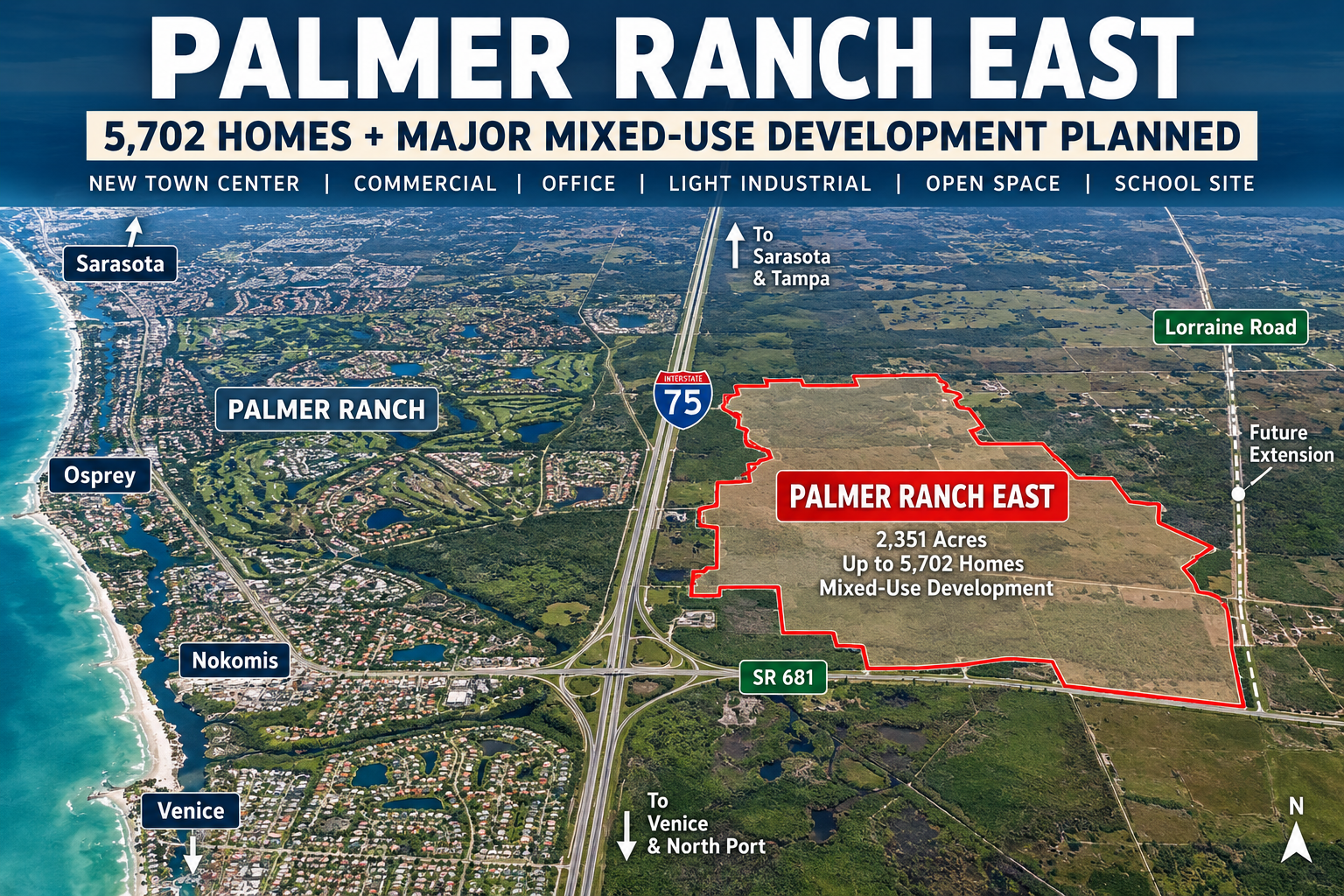 Palmer Ranch East proposed 2,351-acre mixed-use development east of I-75 near SR 681 in Sarasota County, with up to 5,702 homes.