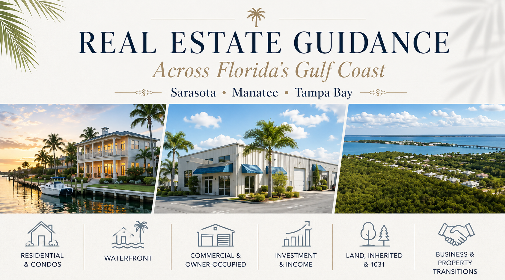 Real estate guidance across Sarasota, Manatee and Tampa Bay for residential, waterfront, commercial, investment, land, inherited property, 1031 exchanges and business property transitions. Real estate guidance across Sarasota, Manatee and Tampa Bay for residential, waterfront, commercial, investment, land, inherited property, 1031 exchanges and business property transitions.