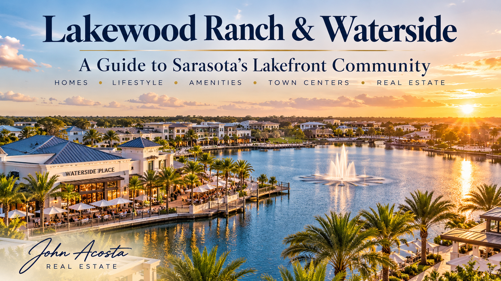 Lakewood Ranch and Waterside lakefront community in Sarasota, Florida, featuring Waterside Place, palm trees and waterfront scenery.