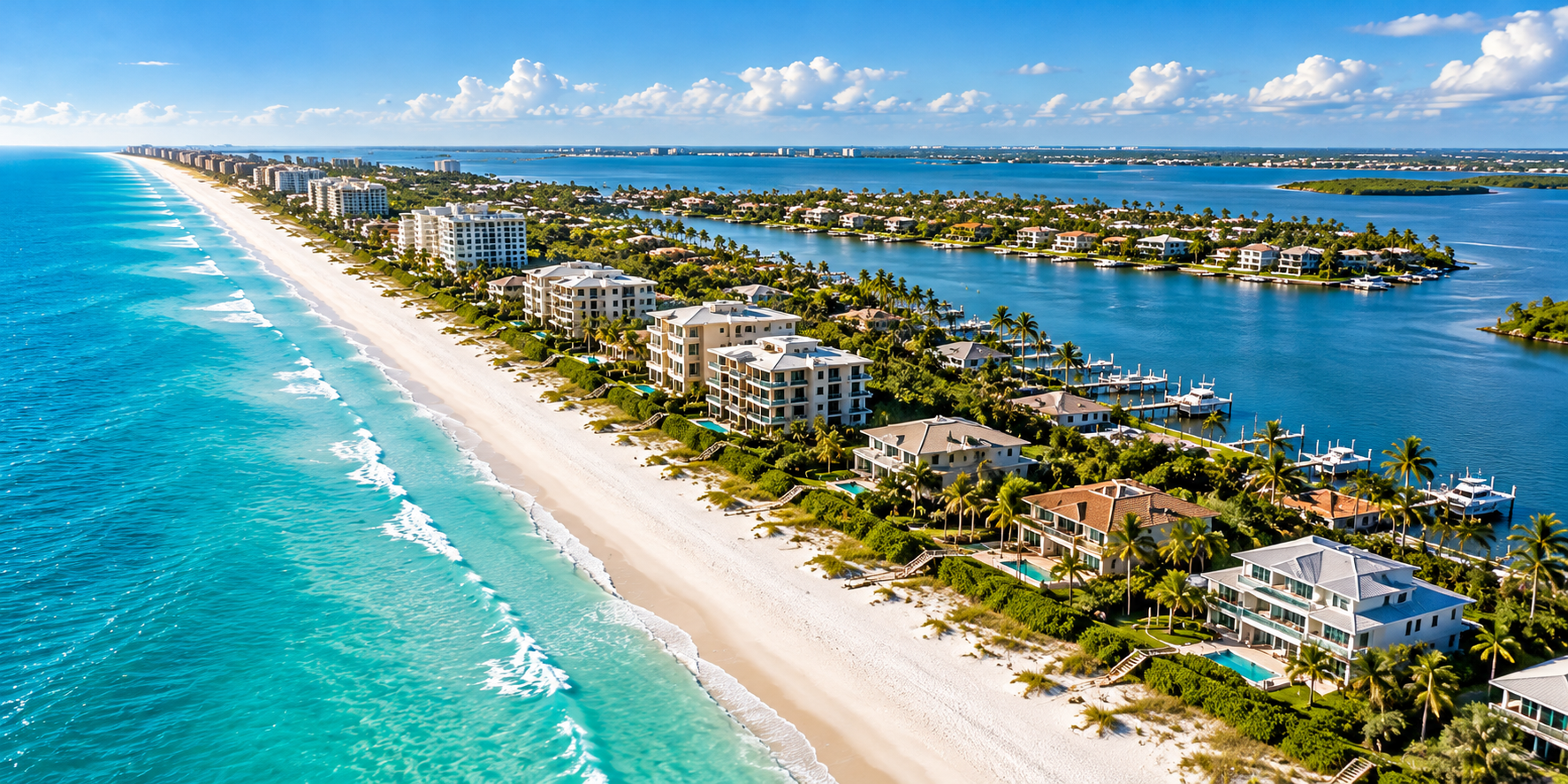 Illustrated aerial view of Gulf beaches, waterfront condominiums, coastal homes, and bayside waterways representing Longboat Key, Florida.
