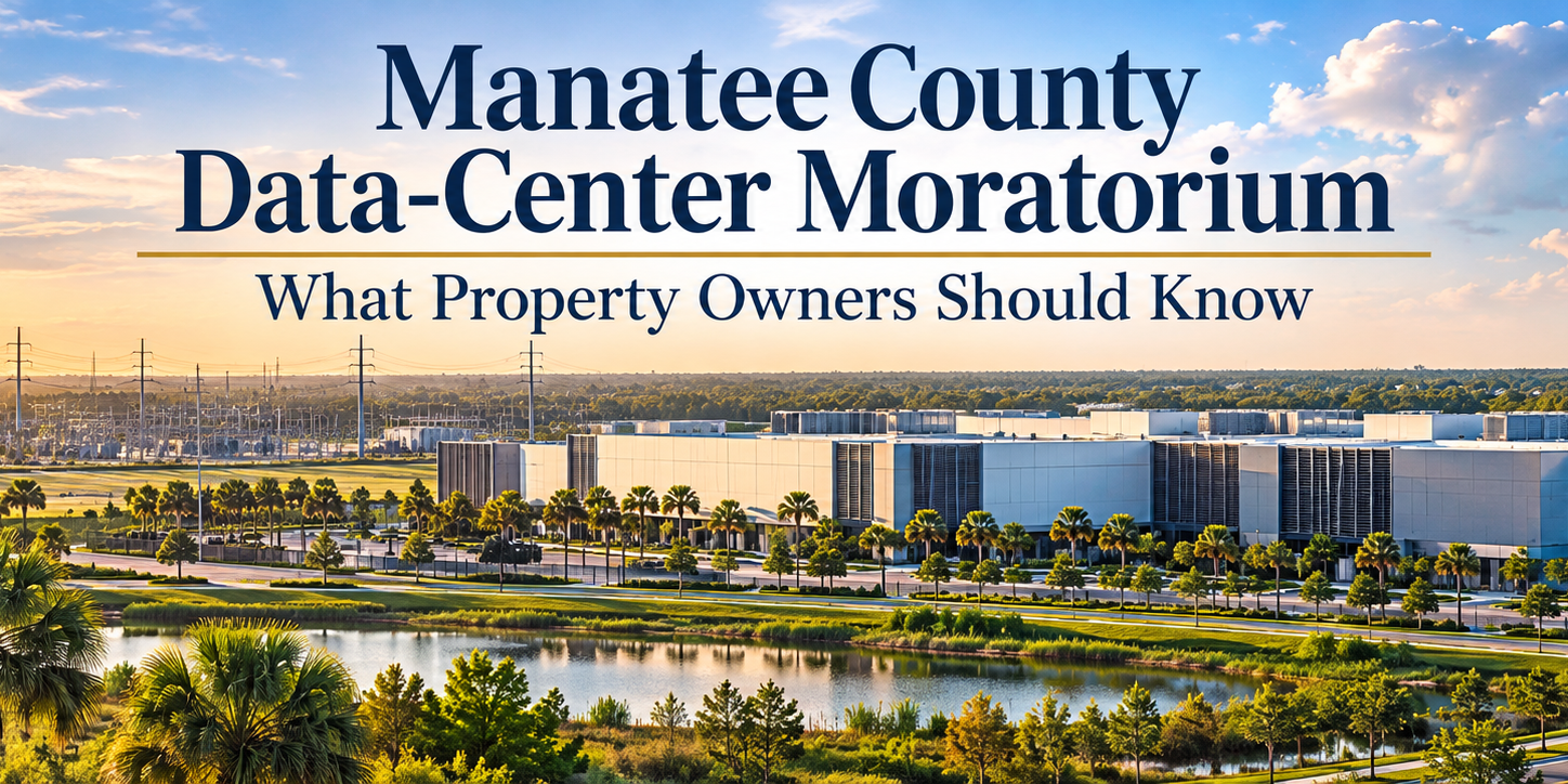 Illustration of a modern data-center campus in Manatee County, Florida, for the proposed 2026 data-center moratorium.