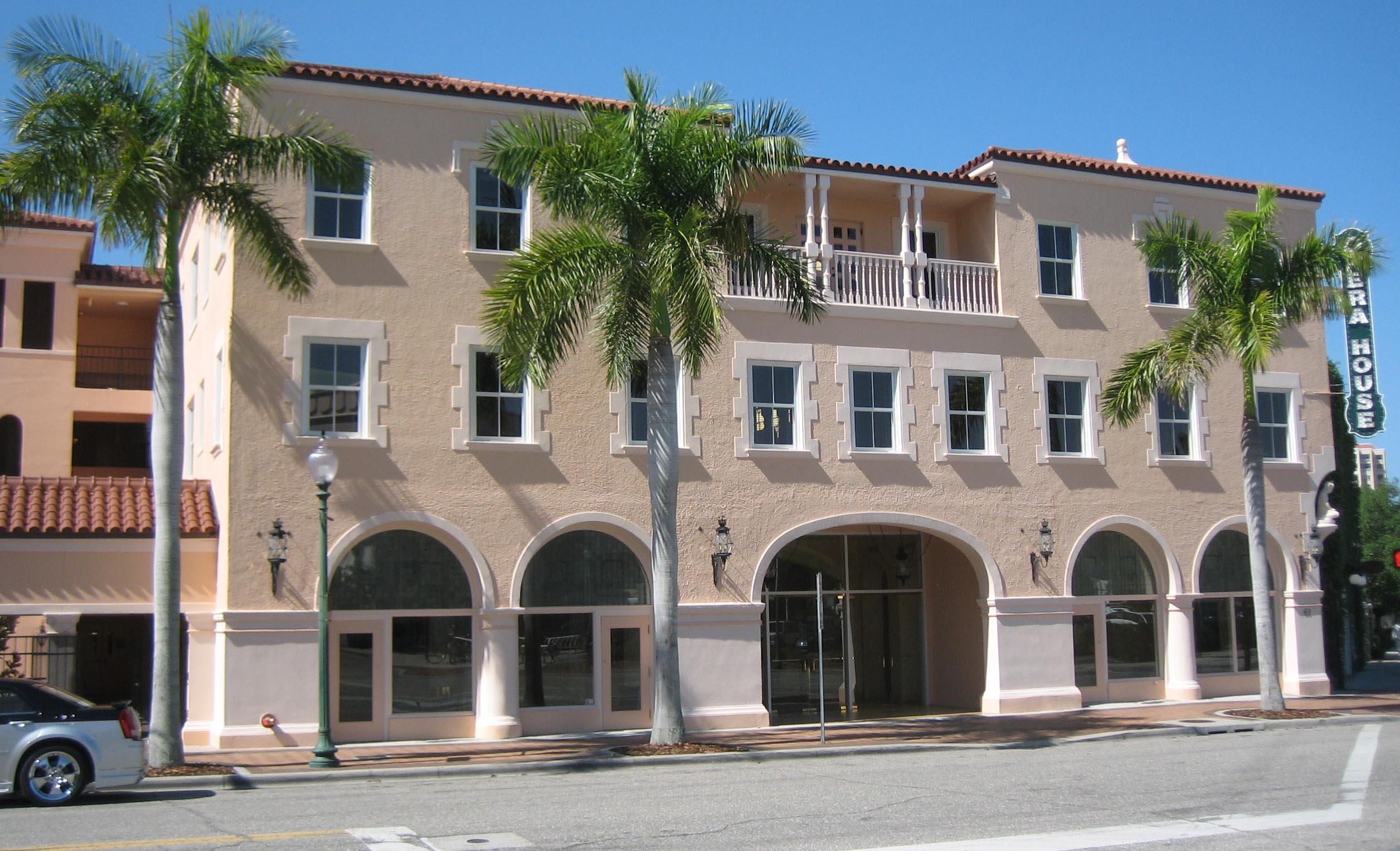 Historic Sarasota Opera House exterior on North Pineapple Avenue in Downtown Sarasota, Florida, photographed in 2008.