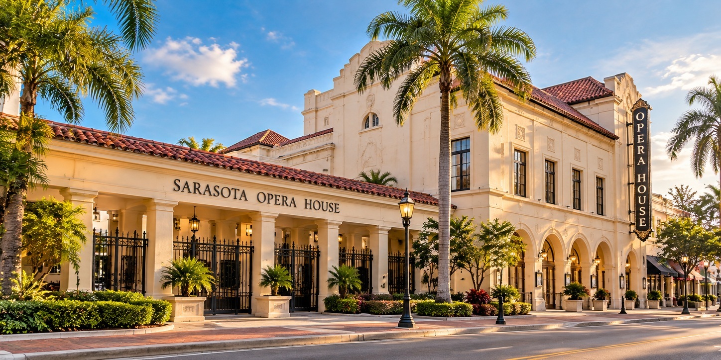 Editorial illustration of the historic Sarasota Opera House in downtown Sarasota, Florida